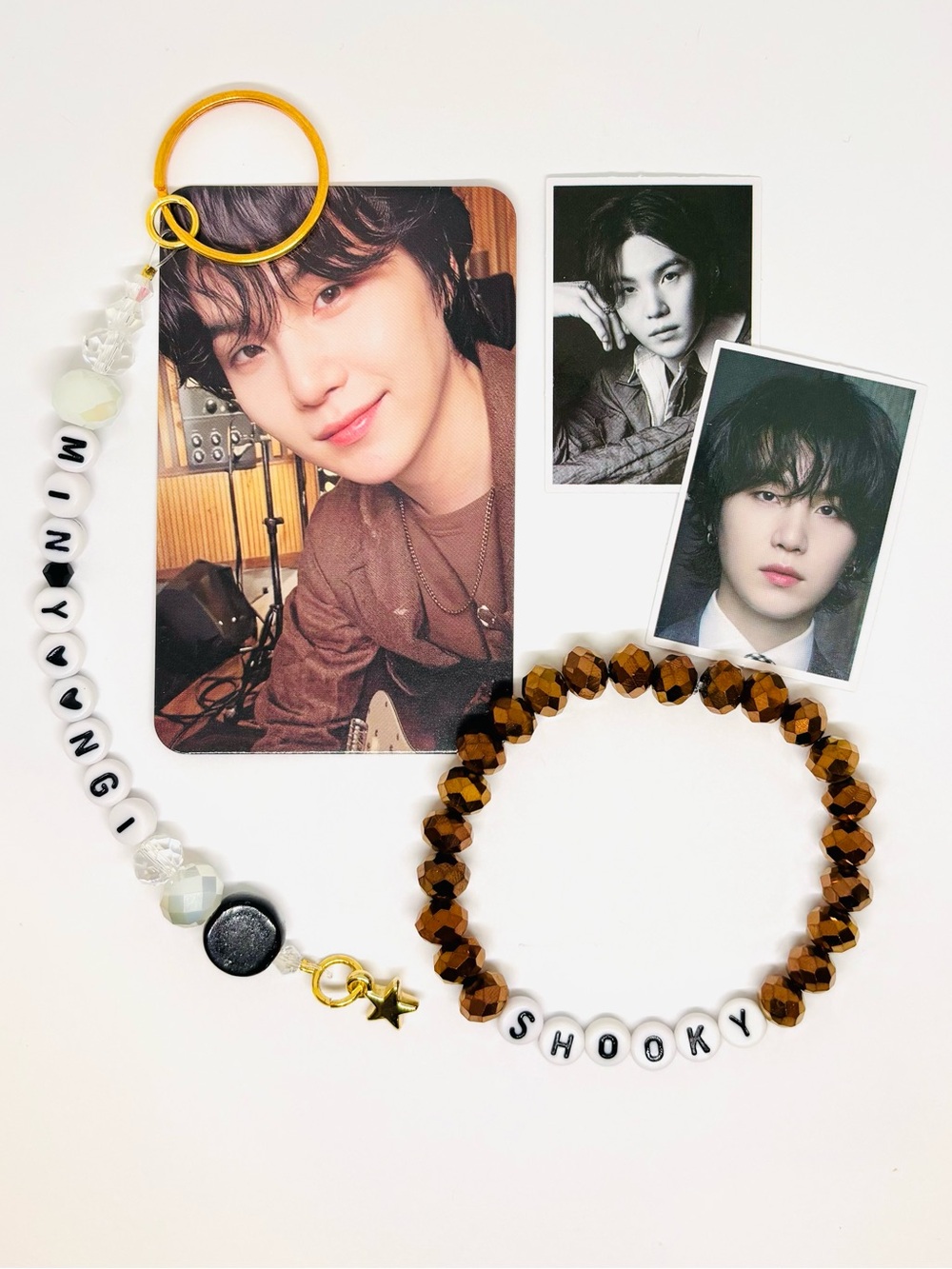 (5pcs) BTS SUGA YOONGI BRACELET KEYCHAIN STICKER PHOTOCARD BUNDLE